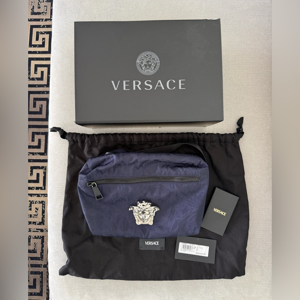 Versace Barocco Blue Belt Bag with Silver Medusa Buckle. Brand New